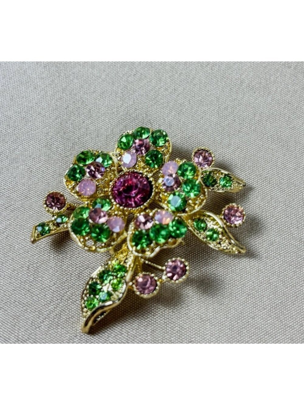 Vintage Pink Green Rhinestone Floral Brooch Gold Tone Filigree C121